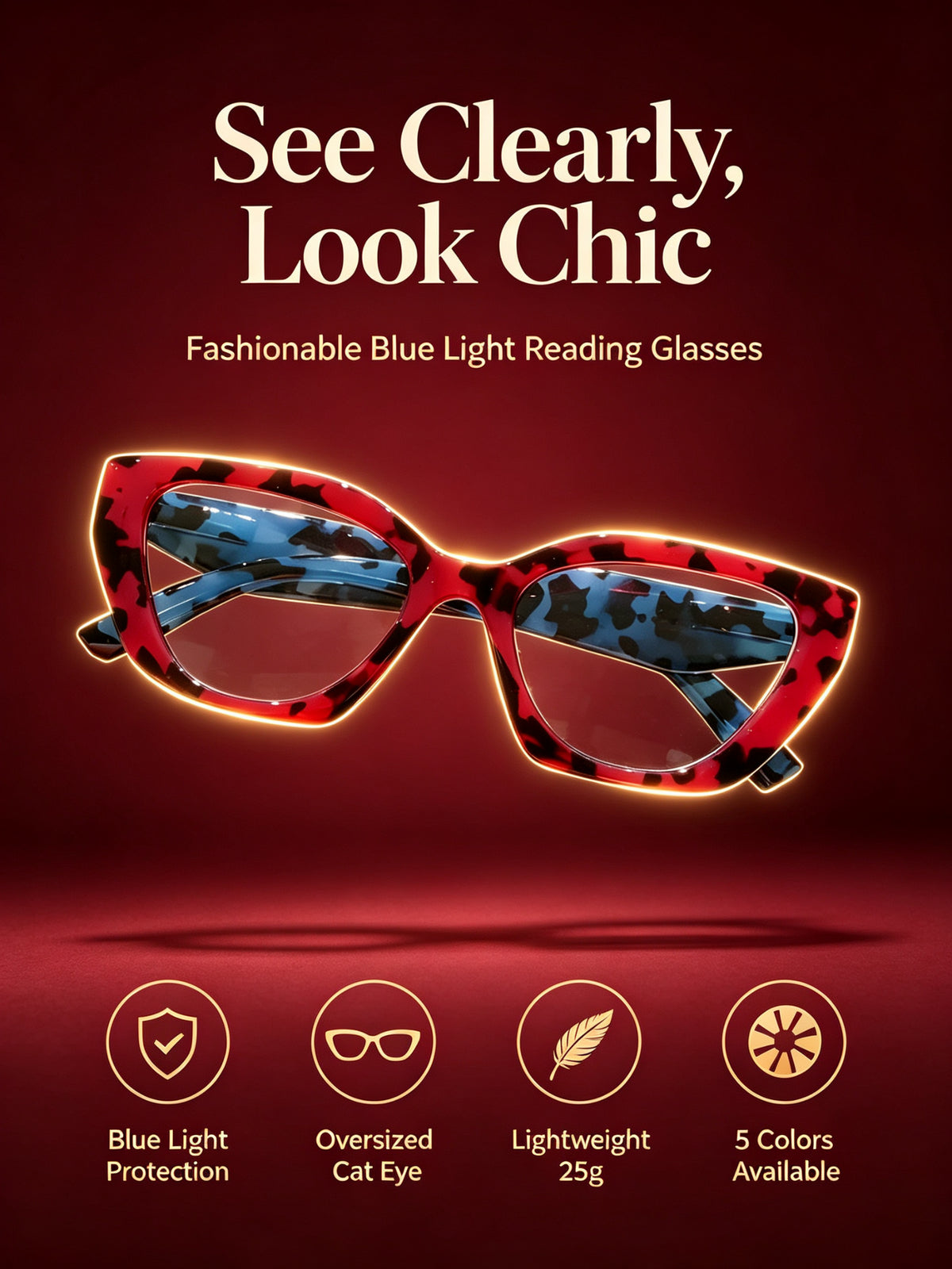 Oversized Cat-Eye Blue Light Blocking Reading Glasses – Crimson Tortoiseshell Frame