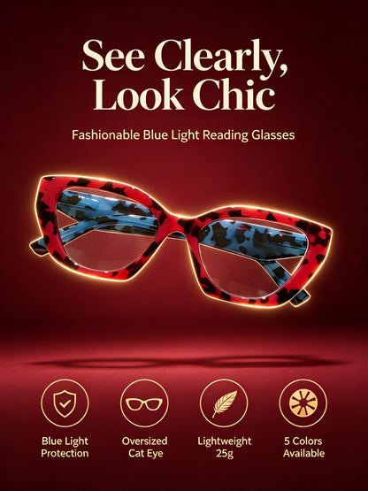 Oversized Cat-Eye Blue Light Blocking Reading Glasses – Crimson Tortoiseshell Frame